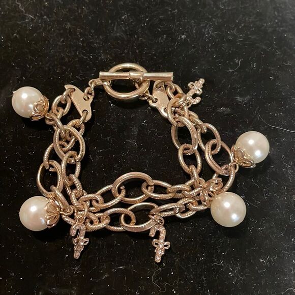 8” double gold plated chain bracelet w/4 simulated pearls & 4 candy cane charms - Picture 1 of 11